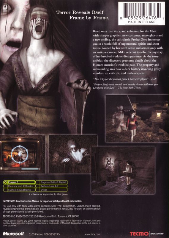 Back Cover for Fatal Frame (Xbox)