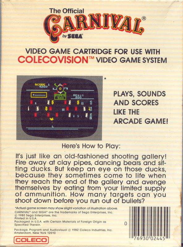 Back Cover for Carnival (ColecoVision)