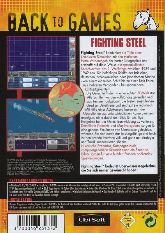 Back Cover for Fighting Steel: World War II Surface Combat 1939-1942 (Windows) ("Back to Games" Low Budget release)