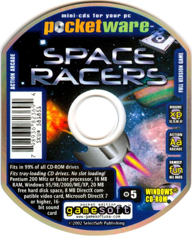 Media for Rocky Racers (Windows) (2002 Selectsoft/Gamesoft Pocketware edition, business card-sized jewel case and CD-ROM, carrying alternate tile of "Space Racers")