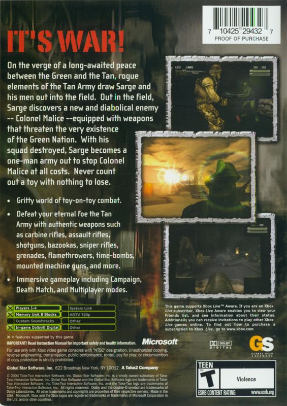 Back Cover for Army Men: Sarge's War (Xbox)