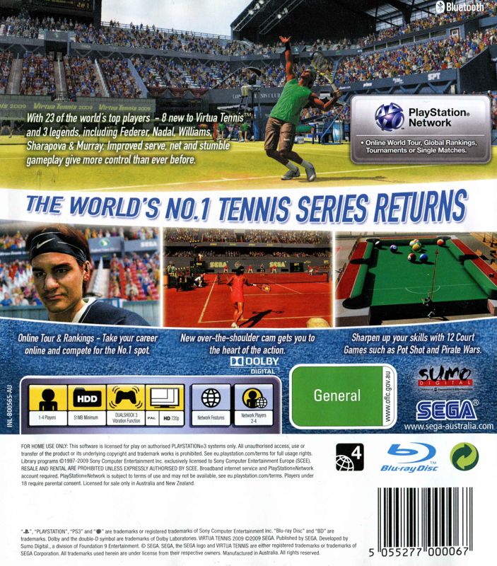 Back Cover for Virtua Tennis 2009 (PlayStation 3)