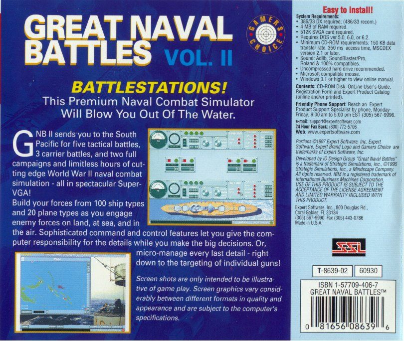Back Cover for Great Naval Battles Vol. II: Guadalcanal 1942-43 (DOS) (Expert Software "Gamers Choice" release)