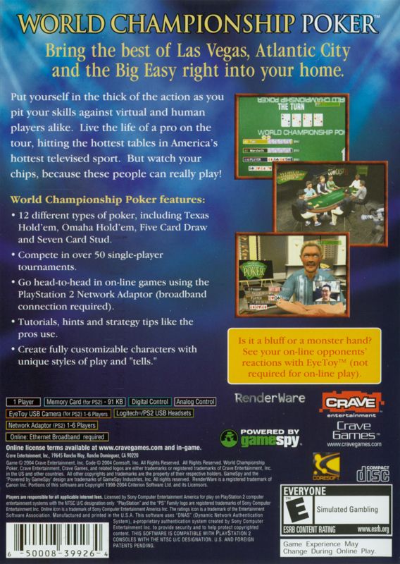 Back Cover for World Championship Poker (PlayStation 2)