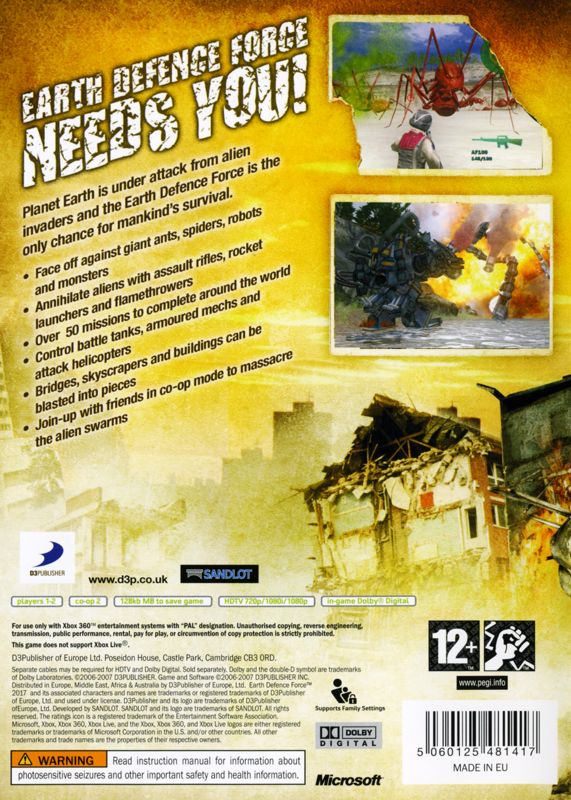 Back Cover for Earth Defense Force 2017 (Xbox 360)