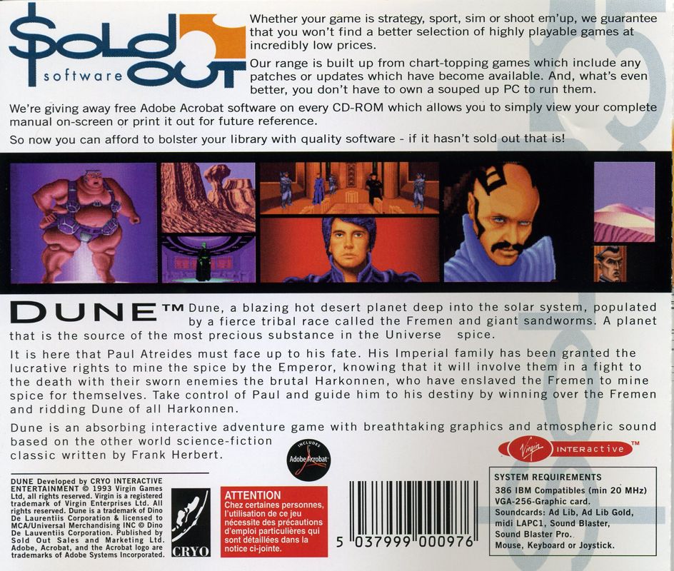 Back Cover for Dune (DOS) (Sold Out Software release)