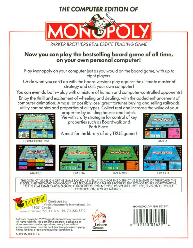 Back Cover for Monopoly (DOS) (1989 Leisure Genius/Virgin release)