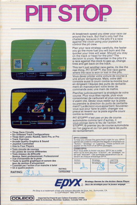 Back Cover for Pitstop (ColecoVision)