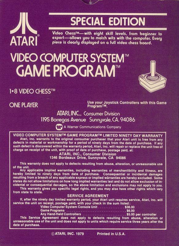Back Cover for Video Chess (Atari 2600)