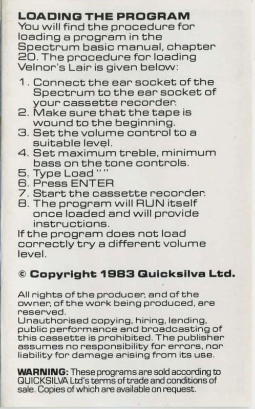 Inside Cover for Velnor's Lair (ZX Spectrum): One