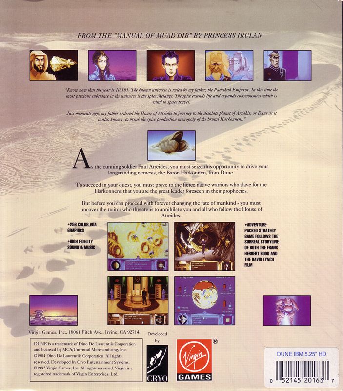Back Cover for Dune (DOS) (5.25'' floppy disk release)
