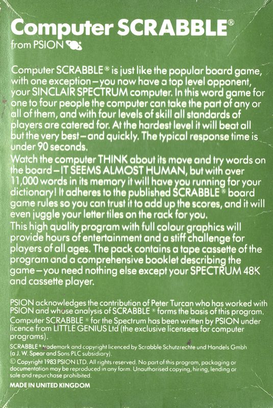 Back Cover for The Computer Edition of Scrabble Brand Crossword Game (ZX Spectrum)