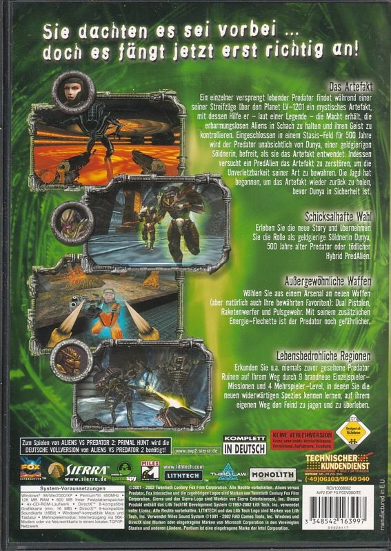 Back Cover for Aliens Versus Predator 2: Primal Hunt (Windows)