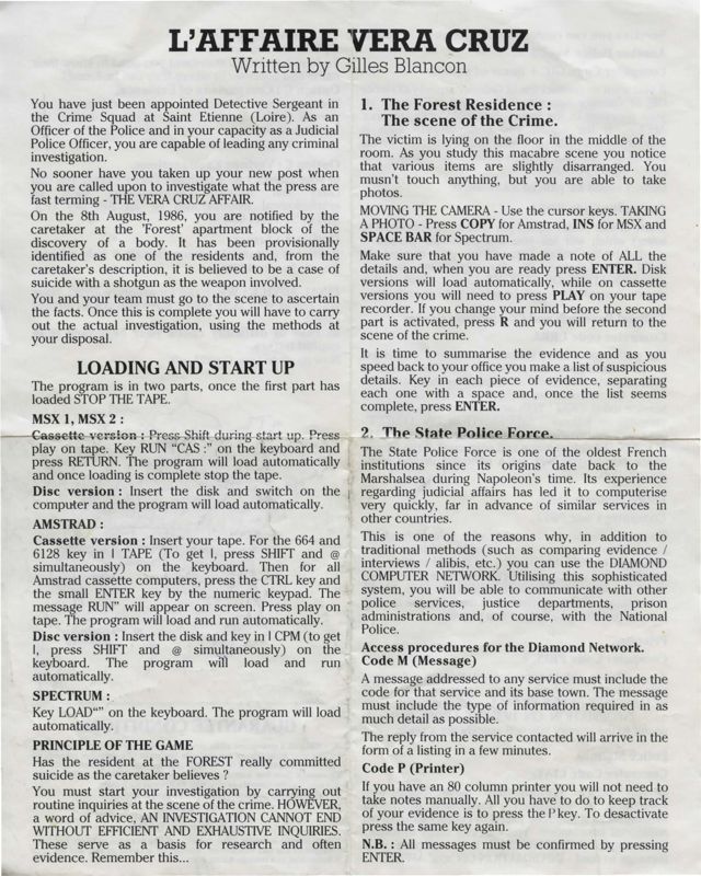 Manual for Vera Cruz (ZX Spectrum): Front