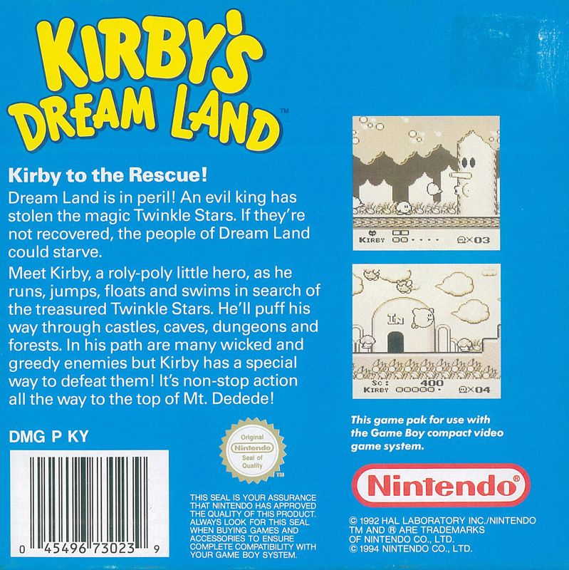 Back Cover for Kirby's Dream Land (Game Boy)