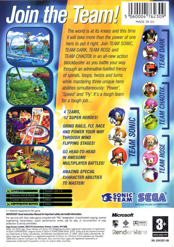 Back Cover for Sonic Heroes (Xbox)