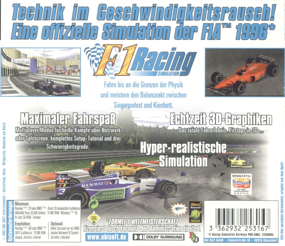 Other for F1 Racing Simulation (Windows): Jewel Case - Back