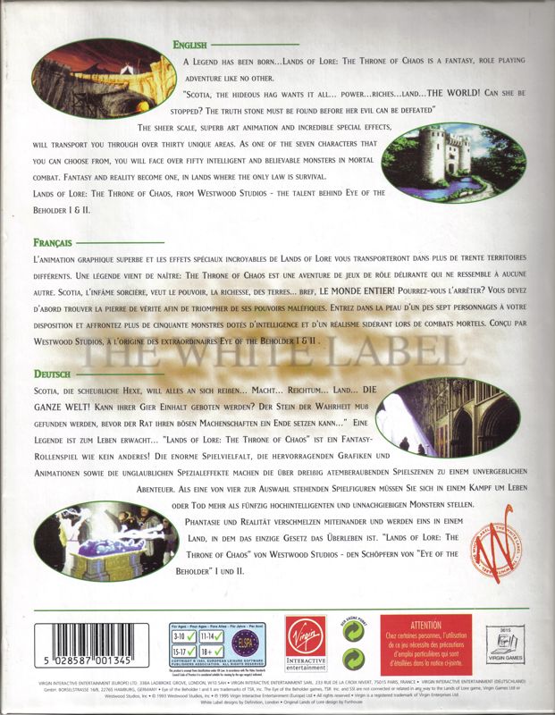 Back Cover for Lands of Lore: The Throne of Chaos (DOS) (White Label release)