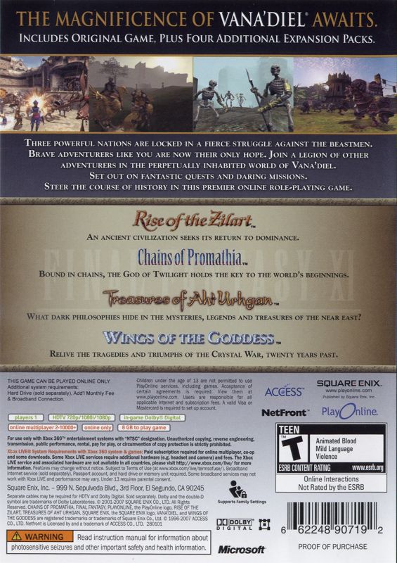 Back Cover for Final Fantasy XI Online: Vana'Diel Collection 2008 (Xbox 360)