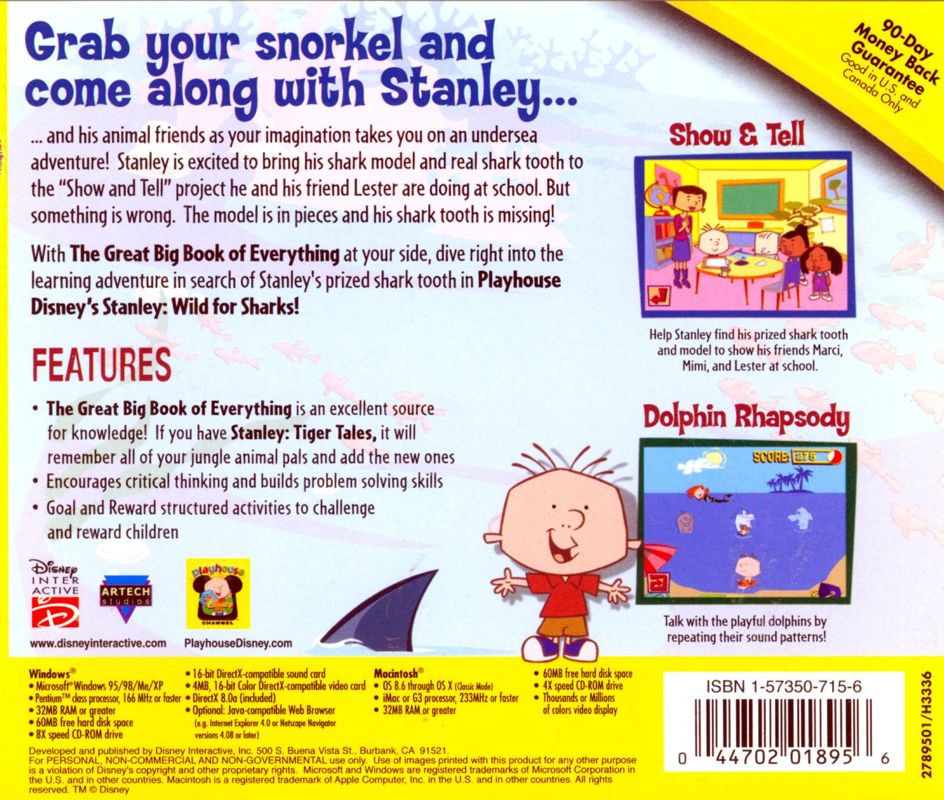 Back Cover for Playhouse Disney's Stanley: Wild for Sharks! (Macintosh and Windows)