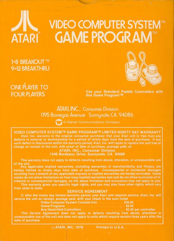 Back Cover for Breakout (Atari 2600): Alternate Back Cover