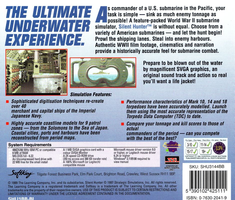 Back Cover for Silent Hunter (DOS) (SoftKey Release)
