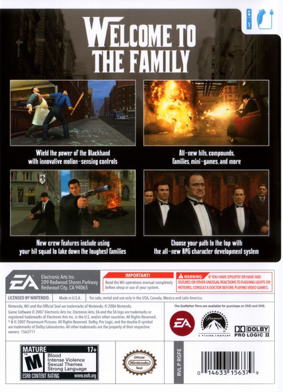 Back Cover for The Godfather: Blackhand Edition (Wii)