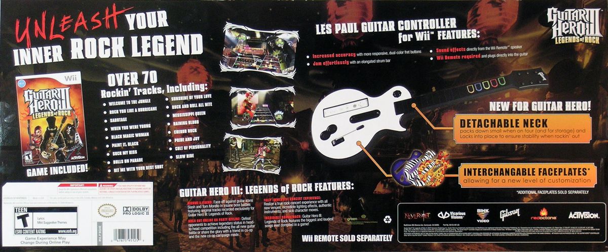 Back Cover for Guitar Hero III: Legends of Rock (Wii) (Box w/ Guitar Controller & Game)