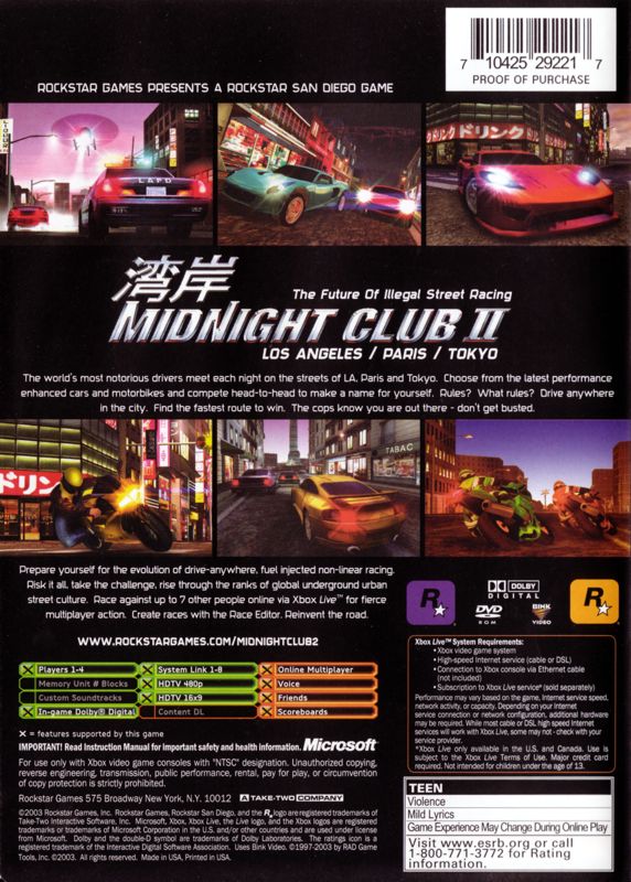 Back Cover for Midnight Club II (Xbox)