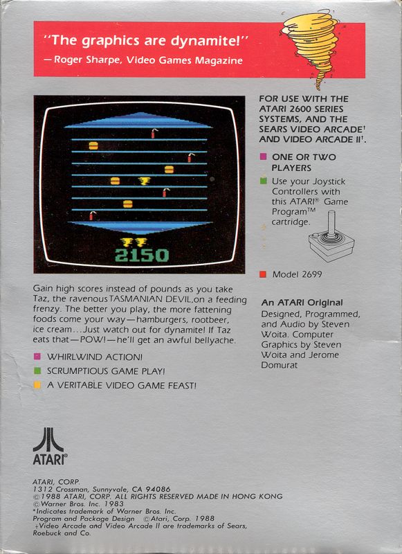 Back Cover for Taz (Atari 2600) (1988 release)