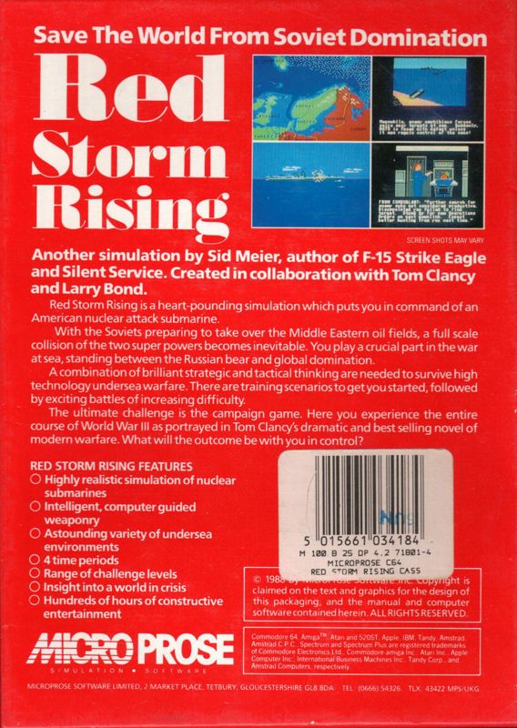 Back Cover for Red Storm Rising (Commodore 64) (Cassette Tape release)