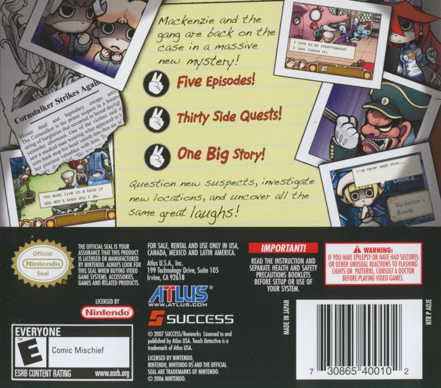 Back Cover for Touch Detective II 1/2 (Nintendo DS)