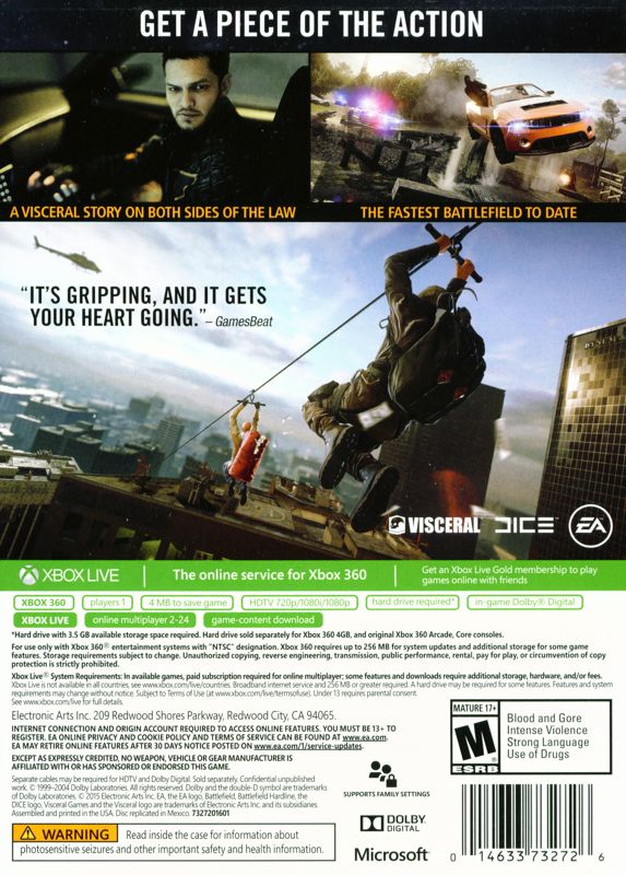 Back Cover for Battlefield: Hardline (Xbox 360)