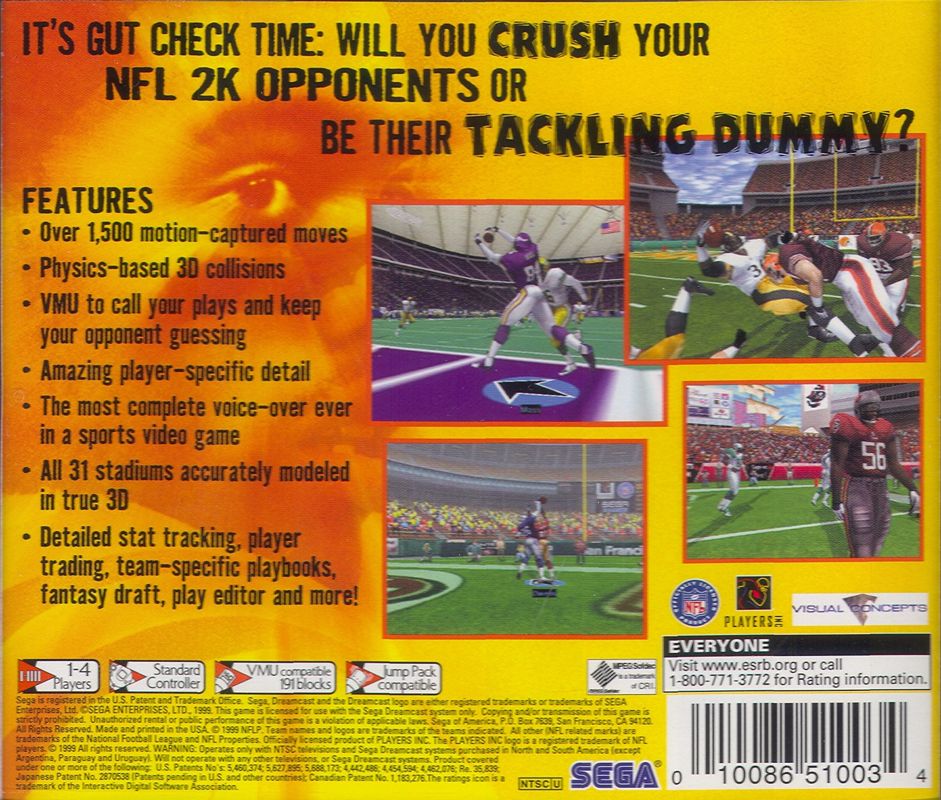 Back Cover for NFL 2K (Dreamcast)