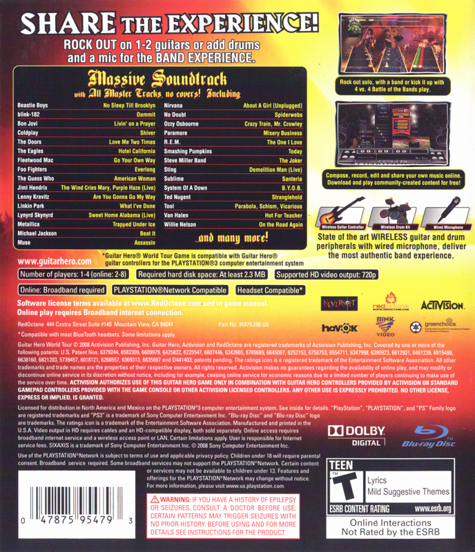 Back Cover for Guitar Hero: World Tour (PlayStation 3)