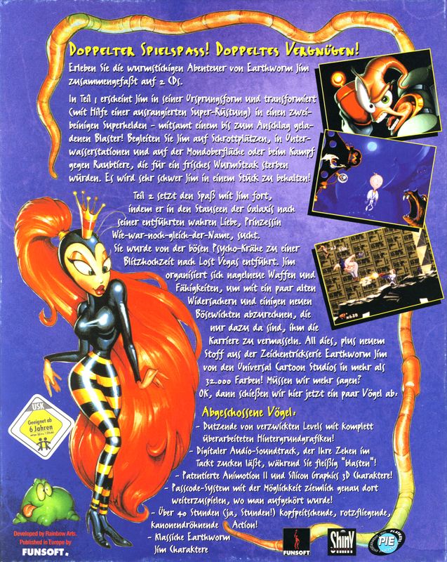 Back Cover for Earthworm Jim 1 & 2: The Whole Can 'O Worms (DOS)