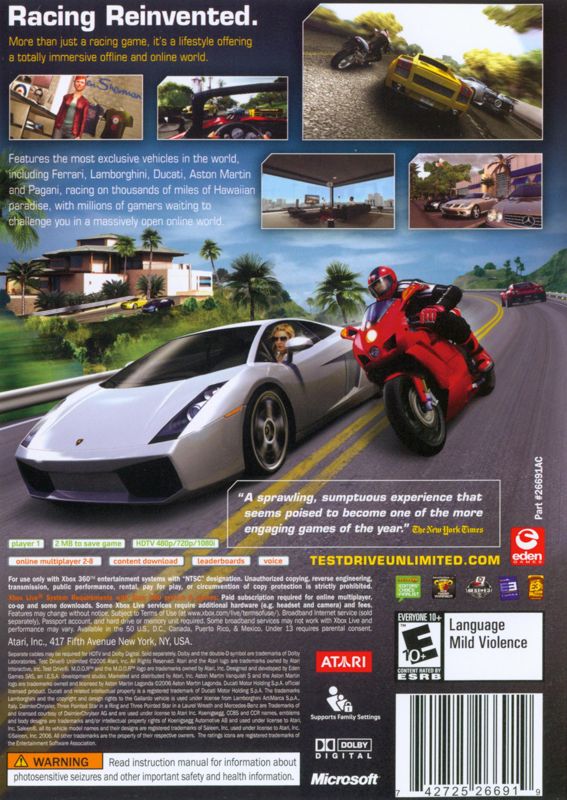 Back Cover for Test Drive Unlimited (Xbox 360)