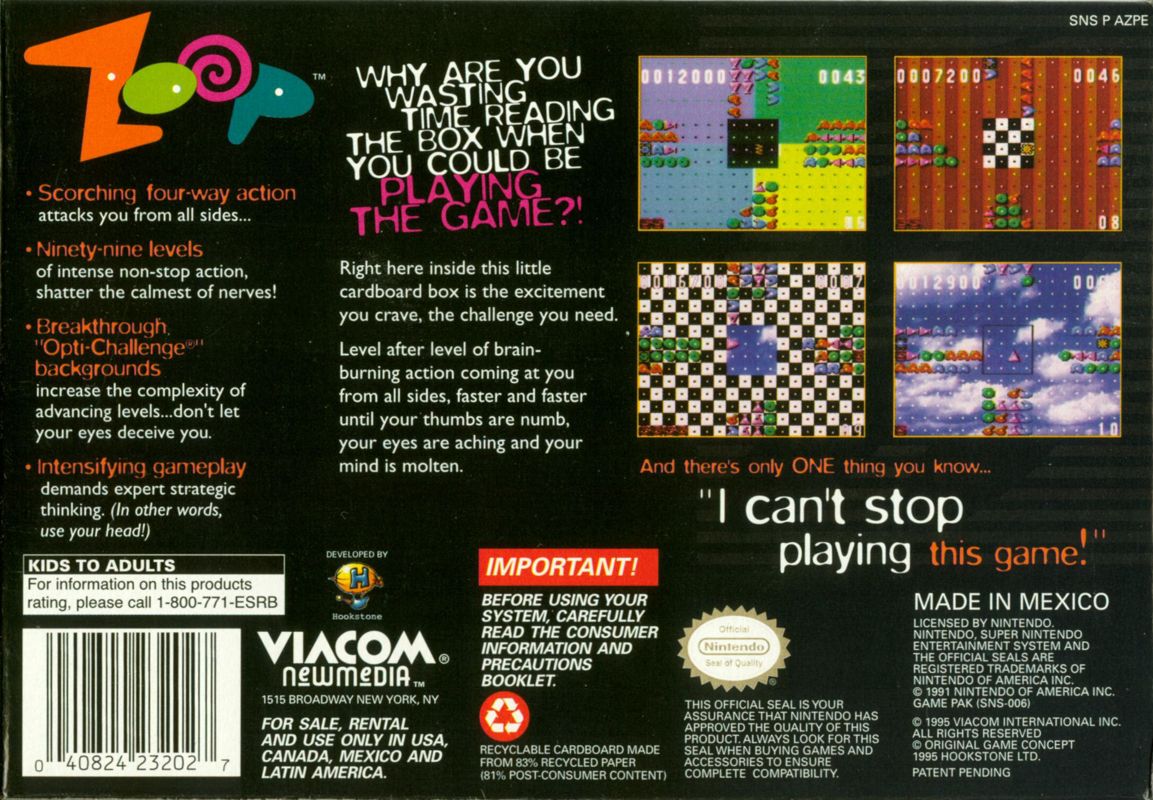 Back Cover for Zoop (SNES)