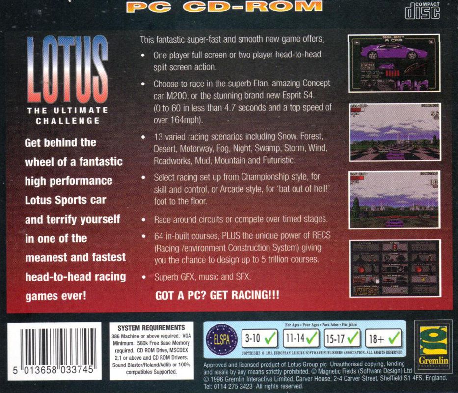 Back Cover for Lotus: The Ultimate Challenge (DOS): Jewel Case - Back
