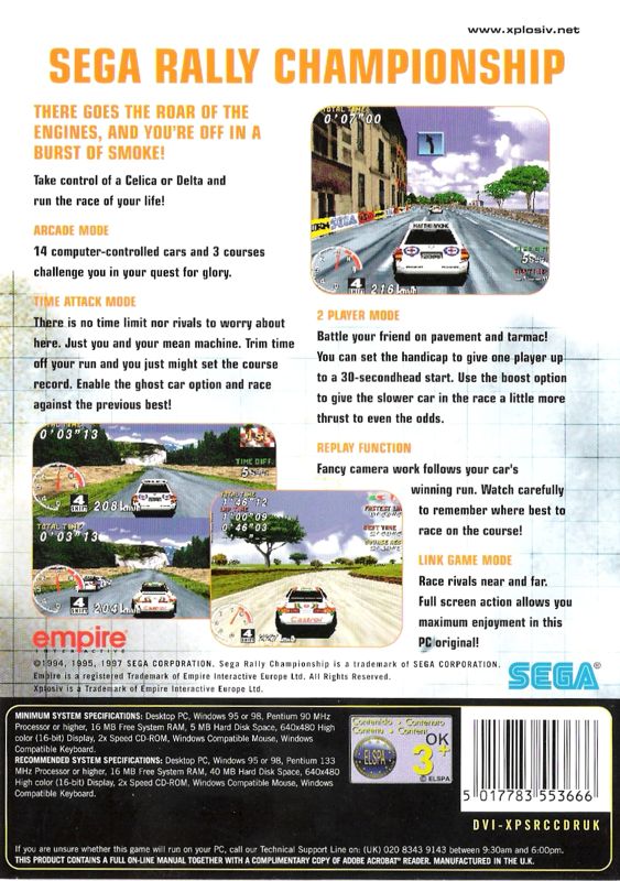 Back Cover for SEGA Rally Championship (Windows) (Xplosiv release)