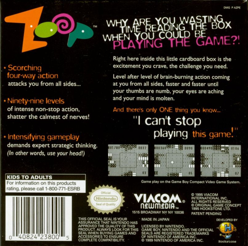 Back Cover for Zoop (Game Boy)