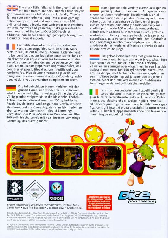 Back Cover for Lemmings Revolution (Windows) (2004 "Dice Multimedia" Release.)