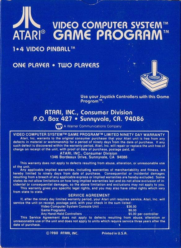 Back Cover for Video Pinball (Atari 2600) (Alternate Back Cover)