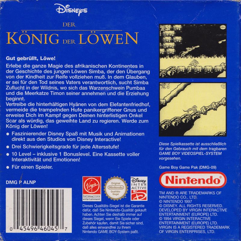 Back Cover for Disney's The Lion King (Game Boy) (Budget release)