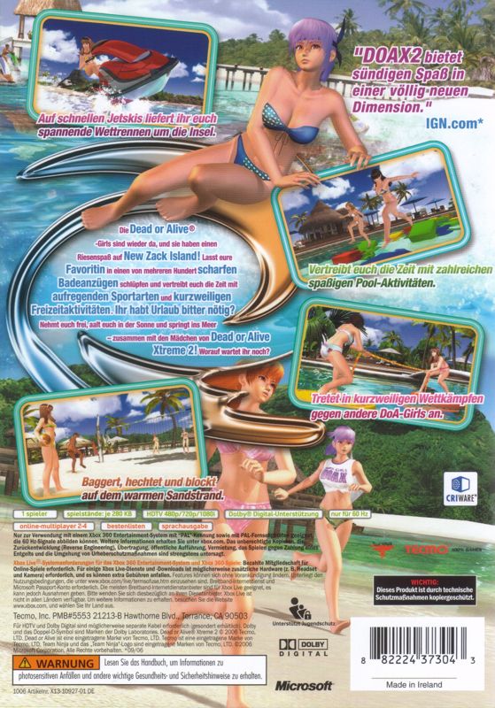 Back Cover for Dead or Alive: Xtreme 2 (Xbox 360)