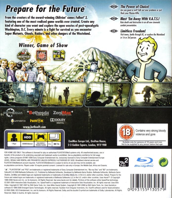 Back Cover for Fallout 3 (PlayStation 3)