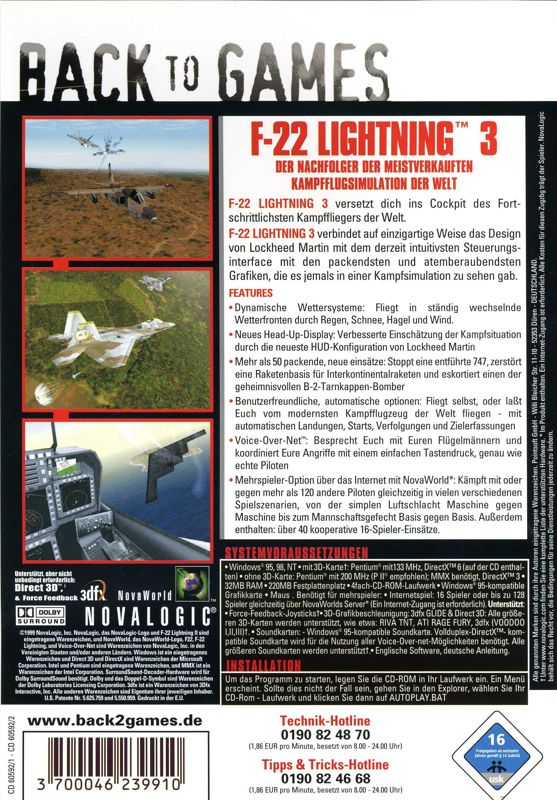 Back Cover for F-22 Lightning 3 (Windows) (Back to Games release)