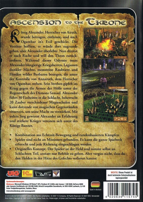 Back Cover for Ascension to the Throne (Windows) (Explosive release)