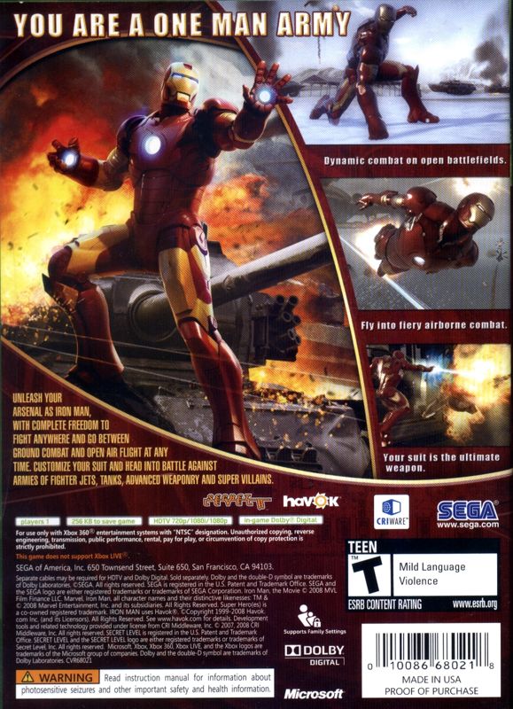 Back Cover for Iron Man (Xbox 360)