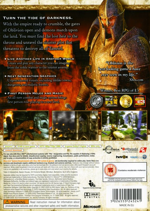 Back Cover for The Elder Scrolls IV: Oblivion (Xbox 360)